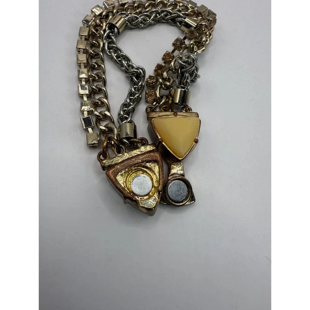 Chunky Chain Bracelet Faux Amber Triangle‎ Magnetic Clasp Mixed Metal Statement